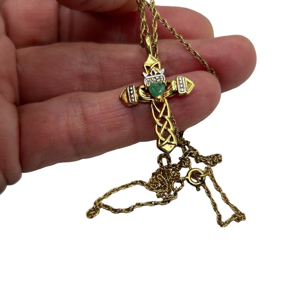 Sterling Vermeil Emerald Diamond Celtic Cross Pendant Necklace